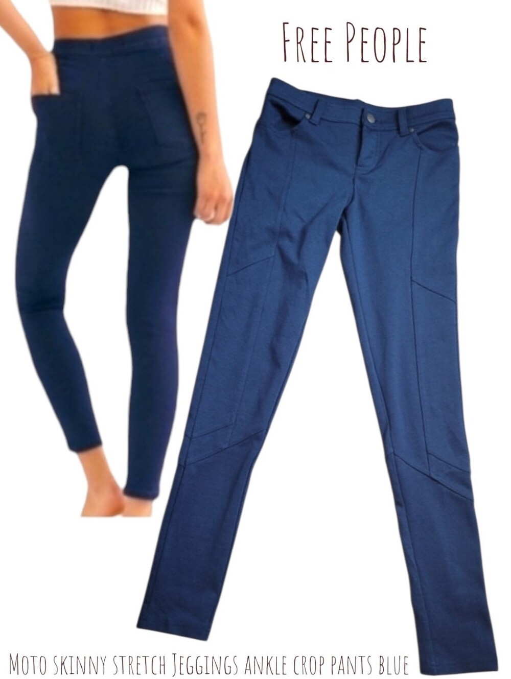 Free People Women's Moto skinny stretch Jeggings ankle crop pants blue 25